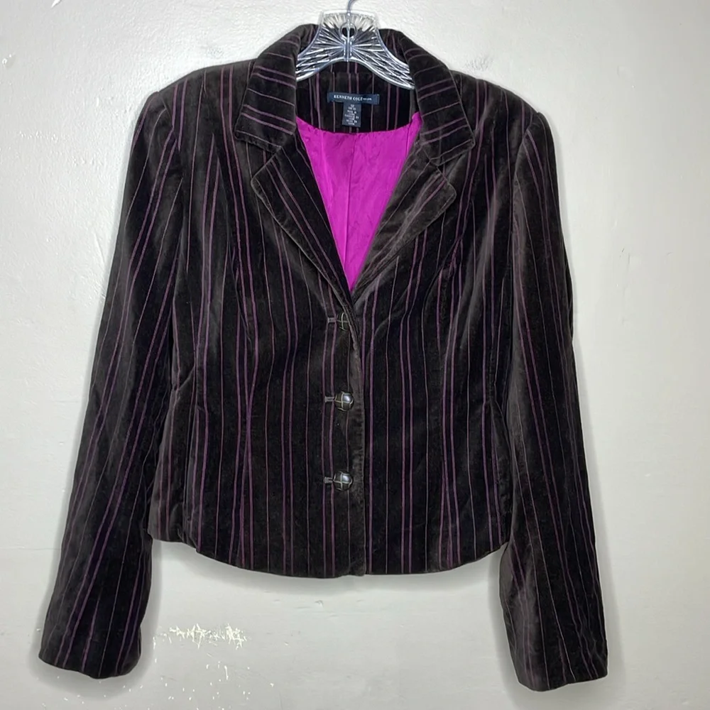 KENNETH COLE Velvet Blazer Brown & Magenta Stripe Single Breasted Hand Pockets - Picture 2 of 12